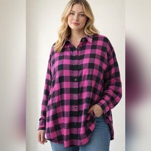 DKNY Jeans Women’s Plaid Button  Shirt Pink Black Check Size Plus 1X